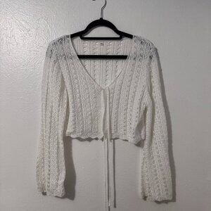 Crochet Crop Top Sweater Long Sleeve Scalloped Edges White  Sz L